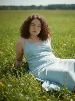 Голубое платье на лужайке