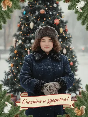 На улице, пушистые хлопья снега летят, создавая зимнюю сказку. Лица на фотографии излучают радость и тепло, словно перенеслись из старого советского фильма. Одеты в пальто и шубы с меховыми воротниками, а на головах у них шапки из меха дорогих зверей. 

Фон украшен размытыми советскими стеклянными игрушками на елке, сверкающими гирляндами и мягкими огоньками. Под ними тянется бежевая лента с пожеланием, создавая атмосферу уюта и ностальгии. Вдоль краев фотографии ветки ели усыпаны снегом, а среди них весело играют белочки, зайчики и шишки.

Изображение выполнено в мягком, пленочном стиле, с нежными кистевыми мазками и тонкой зернистостью, придающей фото особую глубину. На бежевой ленте вдоль нижнего края фотографии выведено пожелание: "Счастья и здоровья!"