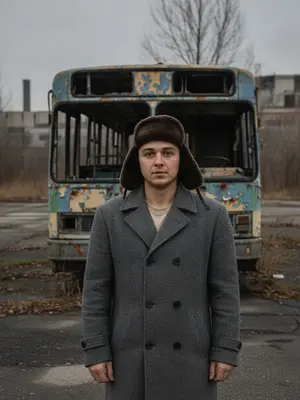 Мужчина у заброшенного автобуса
