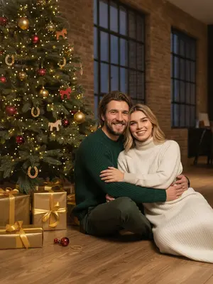 На домашней фотосессии в стиле Нового года изображены мужчина и женщина, сидящие на полу в объятиях, улыбающиеся и глядящие в объектив. Мужчина нежно обнимает женщину за талию. Дама одета в длинное вязаное платье с длинными рукавами, а господин - в вязаный свитер и штаны. На заднем плане видна украшенная елка с множеством игрушек: шары, лошадки, подковы. Под елкой разложены подарочные коробки, завязанные золотыми лентами. Рядом с парой лежат елочные игрушки. Фотография выполнена в теплой цветовой гамме, создавая уютную и праздничную атмосферу. Платье дамы белое, а свитер и штаны господина - зеленые.