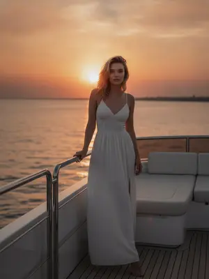 Модель на яхте с закатом