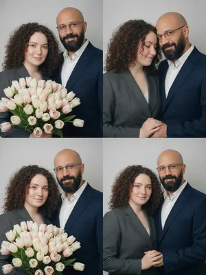 Создайте фотореалистичный коллаж в стиле кинематографической фотобудки размером 2×2, где четыре интимных портрета двух людей находятся в бесшовной сетке. Каждый кадр демонстрирует разные позы и выражения лиц, придающие изображениям живость и динамику.
