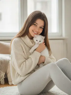 Уютная девушка с котенком