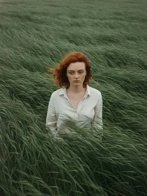 In a vast field of wind-swept sage green grass, a solitary figure stands amidst the flowing waves of tall grass. The subject wears a simple white shirt that contrasts softly with the lush green surroundings. Hair tousled by the wind, strands moving naturally in the breeze. With a gentle tilt of the head and eyes cast downward, a sense of quiet introspection and melancholy fills the atmosphere.

The expression is calm, distant, and restrained, capturing a mood of emotional depth. The frame is composed slightly off-center, from a subtle elevated angle, immersing the viewer in the texture of the grass without a visible horizon. The color palette is muted, with shades of sage green, deep olive, and soft off-white creating a natural and serene ambiance.

Shot from a telephoto perspective with a shallow depth of field, the cinematic framing enhances the editorial quality of the image. Film photography aesthetics add visible grain and a soft edge, while the grass sways with atmospheric motion blur driven by the wind. The scene tells a quiet, poetic story with ultra-detailed realism fit for a magazine cover. No text or watermark distracts from the pure visual narrative.