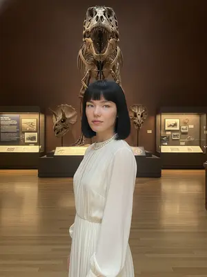 Женщина в музее динозавров