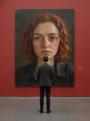 Создайте сцену в галерее современного искусства, где на стене величаво висит большой портрет человека, выполненный маслом. Лицо и верхняя часть тела на полотне изображены в реалистичной, экспрессивной манере масляной живописи с текстурными мазками и приглушенными оттенками. Чистая красная стена галереи создает атмосферу профессионализма выставки, благодаря мягкому освещению, подчеркивающему искусство. Перед картиной, смотрящей на нее со спины, стоит мужчина, вглядываясь в произведение, что добавляет сцене кинематографическую и загадочную нотку.