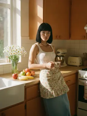 Женщина в оранжевой кухне