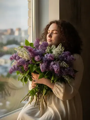 Женщина у окна с цветами