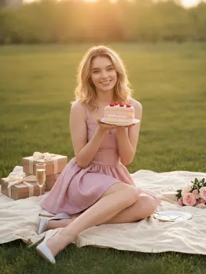 Модель с розовым тортом
