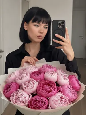 На снимке - отражение в зеркале, сделанное на смартфон iPhone 16 Pro. В центре кадра - девушка в черной рубашке с натуральным макияжем, длинными ресницами и блеском на губах. Ее правая рука держит телефон в черном чехле с камерой в углу, выделяющейся круглой формой объективов. Левой рукой она прикосается к поверхности за большим букетом, ногти аккуратно покрашены в светлый оттенок. На переднем плане виден огромный, пышный букет в пастельной упаковке, а на заднем плане - стильный домашний интерьер.