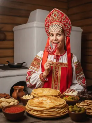 Изображение женщины в традиционном русском костюме Масленицы. На ее голове великолепный кокошник ярко-красного цвета, украшенный бриллиантами, стразами и длинными лентами, которые волнуются по сторонам.