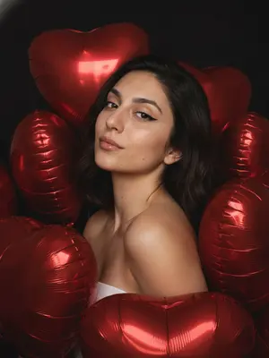 На темном фоне расположена женщина в стиле Valentine's Day. Ее лицо освещено мощной вспышкой, создавая ультрафотореалистичный портрет. Вокруг нее тесно расположены красные воздушные шары в форме сердец, создавая визуальную рамку вокруг лица и плеч. Шары, частично перекрывая тело, добавляют атмосферу романтики.

Модель представлена в минималистичном образе с открытыми плечами, приковывая внимание к лицу. Ее макияж выдержан в нейтральных тонах: ровный тон кожи, черные стрелки, тени с блеском, глянцевые губы и длинные ресницы. С немного наклоненной головой и кокетливым выражением лица, модель создает загадочный образ.

Освещение обеспечивает профессиональный эффект, подчеркивая каждую деталь портрета. Вся композиция центрирована, придавая уравновешенность и гармонию.