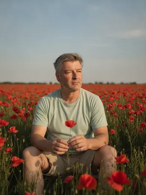 Мужчина на траве с цветами