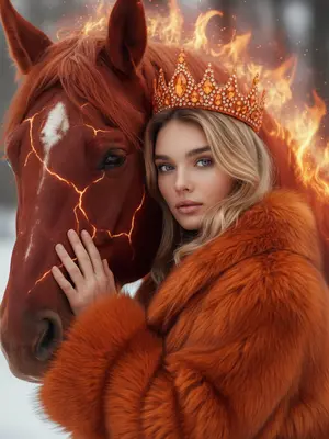 Изображение для журнала Vogue в стиле фэнтези: крупный план портрет с высокой модой. Женщина, обращенная к камере, излучает спокойствие и элегантность. Она прижимается к величественному огненному коню, их лица находятся очень близко друг к другу. На ней оранжевая меховая шуба с богатой текстурой, создающей объем. Очаровательная оранжевая корона со сверкающими кристаллами на голове, ловящими и отражающими свет. Макияж подчеркивает сияющую кожу, натуральные губы и легкий румянец. Конь излучает огненную энергию: яркие красные оттенки, светящиеся трещины на коже, грива, напоминающая пламя. Огненный свет освещает корону, мех и лицо, создавая контраст с холодными оттенками заснеженного леса на заднем плане. Фотография с высоким разрешением, кинематографичное освещение и цветокоррекция. Без текста, логотипов и водяных знаков.
