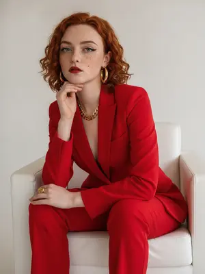 На фотографии, выполненной в стиле Vogue, запечатлены изысканная эстетика высокой моды и высокое разрешение. Женщина занимает позу на белом минималистичном кресле с прямыми широкими подлокотниками и низкой спинкой, обитой мягкой кожей. Фон яркий и минималистичный, подчеркивающий строгую геометрию сцены.

Ее поза выглядит расслабленной, но в то же время уверенной и собранной: корпус слегка повернут в сторону, ноги элегантно переплетены, одна рука покоится на колене с расслабленными пальцами, а другая согнута в локте, кисть приближается к лицу, а подбородок лежит на тыльной стороне ладони. Ее взгляд прямой, устремленный и уверенный, излучает силу и изысканность. Женщина повернута в профиль на три четверти, создавая эффект глубины и загадочности.