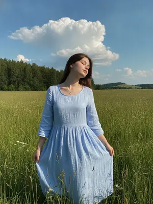 На луговом склоне с высокой зеленой травой и белыми цветами, под густыми деревьями слева, смотрит в яркое синее небо модель. Солнце освещает ее сбоку, создавая контрастные тени на траве и блики на плечах. В фокусе ее фигура на фоне объемного облака. Голова слегка назад, глаза закрыты, лицо повернуто к солнцу, выражая расслабленное мечтательное настроение. Одна рука держит край юбки, другая лежит вдоль бедра. На шее у нее тонкая цепочка с кулоном. Макияж натуральный, кожа без излишнего блеска и ретуши.