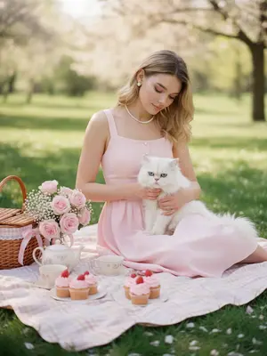 Модель с котом на пикнике
