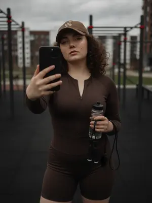 На спортивной площадке женщина смело держит iPhone в левой руке, вытянув ее вперед от плеча. Голова слегка наклонена, взгляд направлен прямо в объектив с чувством уверенности. Селфи делается с низкого ракурса, подчеркивая атмосферу решительности.