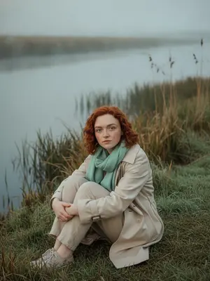 Женщина у реки в пальто