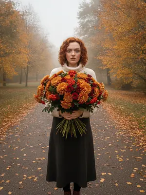 Осенняя женщина с хризантемами