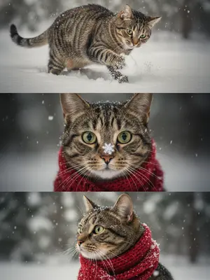 Создайте коллаж, объединяющий три фотографии вашего питомца на зимнем фоне с падающим снегом. Питомец одет в теплый вязаный шарф, вокруг него кружатся снежинки, а на заднем плане виднеется заснеженный лес.