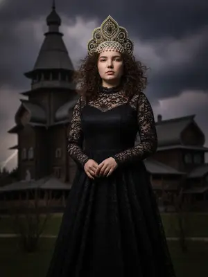 Изобразите величественный портрет славянской княжны, облаченной в элегантное черное кружевное платье, которое подчеркивает ее утонченность. На голове у нее кокошник, украшенный изысканными деталями, который добавляет образу царственности. Фоном служит резной дворец в Коломенском, величественно возвышающийся на фоне надвигающейся грозы. Небо заволокло темными облаками, а ветер придает сцене динамичность, создавая атмосферу загадки и драмы. Можно дополнительно указать рост, цвет волос или другие особенности внешности для большей выразительности.