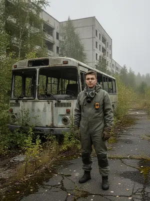 Мужчина у советского автобуса