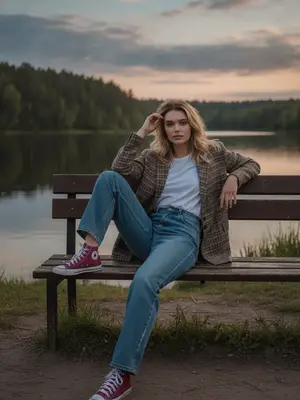 На закате, у водоема с лесистым берегом, женщина сидит на деревянной скамейке. Небо с облаками отражается в воде, создавая тихую и умиротворенную атмосферу. Цвета теплые, сочетая голубые, розовые и оранжевые оттенки заката.

Одета она в белую футболку, широкие голубые джинсы и бордовые кеды Converse. На плечах - пиджак в клетку коричнево-бежевых тонов. Ее образ выглядит естественно и расслабленно, вплоть до повседневности.

Сидя на скамейке, она полулежит, опираясь на спинку. Ладонь едва касается края шапки, словно приводя в порядок волосы. Взгляд направлен прямо в объектив, передавая уют, тишину и вечерний покой. Фотография ощущается реалистично, с мягким естественным светом и спокойной атмосферой, создающей живое настроение жизни.