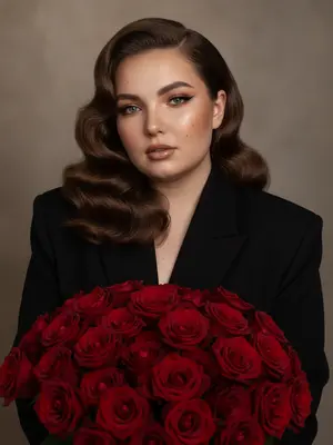 Великолепный fashion-портрет в стиле luxury editorial, показывающий женщину в крупном плане с пояса. Она изогнулась к огромному, великолепному букету, который наполняет передний план кадра. Ее взгляд наполнен мягкостью и уверенностью, направленный прямо в объектив.
На ней черный оверсайз-пиджак премиум-класса с четкими линиями плеч. 
Макияж выполнен в стиле luxury soft glam: длинные, пышные ресницы с эффектом лисьих, графичные черные стрелки, ламинированные брови, легкое контурирование, персиковые румяна, золотистый хайлайтер, губы с четким контуром в нюдово-коричневых тонах и блестящим финишем.
Фон остается минималистичным и нейтральным, в теплых бежево-серых оттенках, лишен лишних деталей. Освещение сочетает мягкий студийный свет с прямой вспышкой камеры, создавая контрастные оттенки, естественные блики на коже, лепестках роз и ткани пиджака. Глубокие, но мягкие тени подчеркивают объем и создают атмосферу роскошной журнальной съемки.
Изображение полно деталей: текстура кожи с видимыми порами, отдельные пряди волос, бархатистые лепестки, фактура ткани пиджака. Фото обладает живым RAW-эффектом, легким пленочным зерном, без ретуши, без пластичности кожи, без искусственных AI-эффектов.