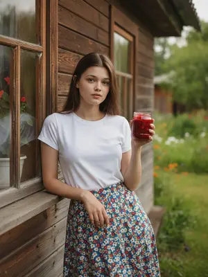 Уютная женщина у дома