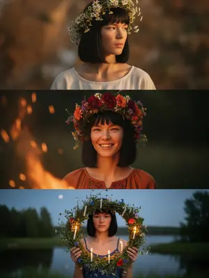 Create a triptych photo series with three distinct panels.

Panel One: A woman's face in a close-up, angled slightly to the side, set against a soft, textured background. Her eyes are contemplative, looking towards the right, evoking a sense of introspection. Her hair is styled elegantly, catching the light to give it a radiant glow. Delicate flowers adorn her hair, adding a touch of whimsy. The lighting is gentle and warm, enveloping the scene in a cozy ambiance. The background is softly blurred, adding an air of mystery and depth to the composition.

Panel Two: Another close-up of the woman's face, this time gazing upwards, illuminated to highlight the texture of her skin. She meets the viewer's gaze with a genuine smile, her expression open and inviting. The floral wreath she wears appears vibrant and unconventional, infusing the scene with a festive energy. In the foreground, a bonfire flickers realistically, sending sparks dancing into the air, injecting a sense of movement. Rich, balanced colors create a striking visual impact, capturing the essence of a ritual and immersing the viewer in a magical atmosphere.

Panel Three: Close-up of a girl's hands cradling a wreath of flowers and candles, the soft glow of the candles casting a romantic light. The twilight setting is beautifully captured, with a subtle luminosity that enhances the intricate details. The shot is framed from an intriguing angle, offering a glimpse of the girl and the natural surroundings. Natural lighting with a hint of haze adds a touch of mystery and romance to the scene.

Overall, the series exudes a natural, warm, and enchanting vibe. Each panel harmonizes seamlessly to create a lively atmosphere, with meticulous attention to detail and the use of soft lighting enhancing the expressive and memorable quality of the images.