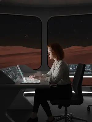 Модель за ноутбуком на Марсе