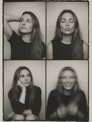 The vintage photobooth collage consists of four frames arranged in a 2x2 grid, with delicate black dividers separating them and a slightly irregular paper border. The setting is intimate, resembling a studio or photobooth, against a plain light background. The images capture a woman authentically, with a grainy film quality, soft contrast, halation, dusty scan artifacts, subtle scratches, and gentle vignetting. The overall vibe is reminiscent of a raw, unedited editorial print from the 1990s or early 2000s, evoking a candid and "caught-between-moments" essence.

Starting with the top-left frame, we see a tight close-up of the woman. Her head is tilted upwards and to the left, with her eyes gazing skyward. One of her arms is gracefully raised behind her head, creating a dreamy aura.

Moving to the top-right frame, a medium close-up reveals the woman with her eyes closed, her head slightly tilted. She subtly pushes her lips forward in a soft pout, exuding a calm and playful demeanor. Her hair delicately frames her face, adding to the serene atmosphere.

In the bottom-left frame, the woman is depicted in another medium close-up. Seated with her knees softly out of focus at the bottom, she rests her chin on one hand, her gaze directed towards the upper right corner. Her expression is thoughtful, adding depth to the composition.

Lastly, the bottom-right frame captures the woman in a medium close-up, bursting into laughter. The image is intentionally blurred, with heavy motion blur or defocus, as if she moved during the shot. Despite the distortion, her smile and face remain recognizable, surrounded by streaked hair and hands, emanating an imperfect photobooth misfire energy.

The print/scan appearance is monochromatic with warm gray tones, faded blacks, and varying exposure levels between frames. Light leaks and visible paper texture contribute to the analog aesthetic, with slightly uneven edges resembling a scanned photobooth print. The high resolution adds a touch of realism, deliberately preserving imperfections for an authentic feel.