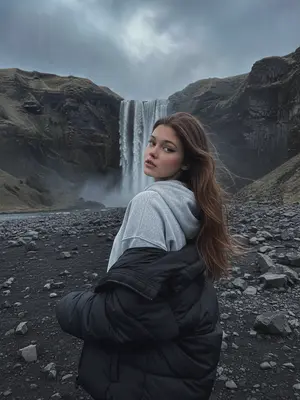 Женщина на фотографии выглядит очень естественно, словно она попала в объектив случайно. Снимок сделан на iPhone, что придает ему особую атмосферу. Освещение холодное и слегка приглушенное, создавая легкую тень на ее лице. У нее минималистичный макияж, подчеркивающий естественную красоту, а волосы свободно падают на плечи. Она одета в уютный свитер, который гармонично сочетается с фоном. На запястье виден стильный браслет, а в руках она держит чашку с горячим напитком. Вся композиция наполнена атмосферой уюта и спокойствия, а легкая зернистость изображения придает ему характер.