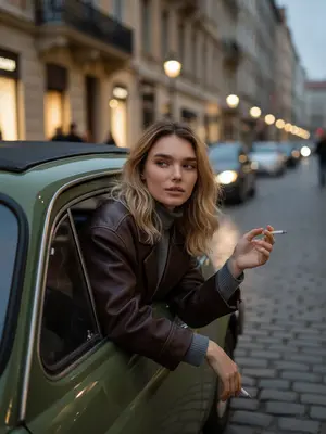 Молодая женщина в ретро-автомобиле