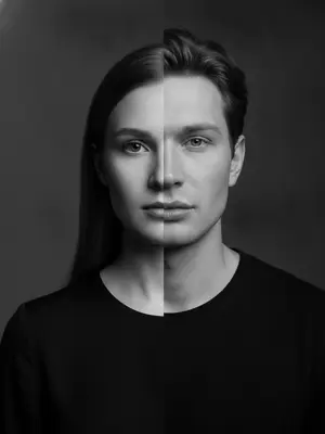 Создайте уникальный портрет, объединив две половины лиц в одно изображение. Выберите одно или два фото для загрузки: мужчины и женщины. При необходимости, внесите коррективы во внешность. Результатом будет интригующий портрет в черно-белой гамме, на котором сочетаются черты обоих лиц. Фотография выполнена в студийной обстановке с акцентом на натуральность, прямой взгляд и мягкое освещение.
