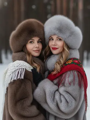 Создан кадр, который излучает теплоту и уют зимнего времени, пропитанный легкой ноткой ностальгии в стиле моды и фольклора. В атмосфере царит спокойствие, элегантность и дружественная близость между двумя моделями. Одна из них утонченно одета в мех и украшена профессиональным макияжем, другая же в фольклорном стиле с вышитым шарфом.

Композиция кадра вертикальная, в формате портрета соотношением 3:4. Две женщины занимают центральное место, их тела и головы видны на уровне груди, причем правая модель немного ближе к камере. Они стоят рядом, прижавшись друг к другу, с плечами, слегка повернутыми к объективу. Взаимодействие между ними выражено мягкой улыбкой, закрытым выражением лица и уверенным взглядом в камеру, что создает дружелюбную и теплую атмосферу.

В области лиц и макияжа у обеих моделей гладкая кожа с естественным сияющим эффектом. Глаза украшены аккуратными бликами, придающими живость взгляду, а макияж теней выполнен в нейтральных и теплых тонах. Брови имеют естественную форму и легко подчеркнуты, а губы украшены насыщенным матовым красным оттенком у одной модели и нежно-розовым у другой. Волосы украшают свободные пряди с легкой волной, придавая образу естественность.

Шапки, которые дамы носят, большие и пушистые, с очень четкой текстурой меха. Справа представлена светло-серая шапка, а слева коричневая. Они высокие, округлые, плотно облегают голову, частично закрывая лоб и создавая рамку вокруг лица. Верхняя одежда выполнена из густого натурального меха, коричневого у одной модели и светло-серого у другой, с богатой текстурой и объемом. У девушки справа на плече носит маленький платок с т