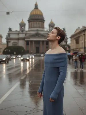 Фотография на улице Санкт-Петербурга после дождя, передающая атмосферу города. На снимке запечатлен человек в стильной зоне. Он стоит у фонарного столба, обрамленного сырым камнем, который отражает отблески влажного асфальта. Человек одет в черное пальто и широкополую шляпу, ладонью касается края головного убора. Его взгляд устремлен вдаль, словно он ожидает кого-то или что-то. Волосы чуть взмокли от оставшихся после дождя капель. На лице бледный свет от фонаря, создающий загадочную атмосферу. Вокруг витает запах свежести, а на фоне зданий виднеется туман, придающий картины загадочности и некой мистической притягательности.