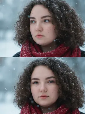 Создай коллаж из двух крупных планов человека на улице зимой. Камера снимает близко, позволяя увидеть лицо, шею и часть одежды. Основное внимание уделяется лицу, глазам и снежинкам, которые прилегли на волосы и ресницы.