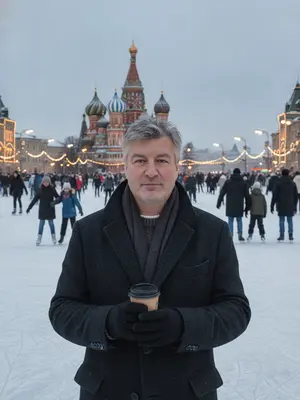 Мужчина с кофе на катке