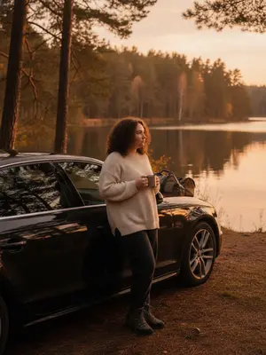 Сделайте живописный снимок у черного автомобиля Audi, стоящего на берегу живописного лесного озера в момент золотого часа. Выберите марку - Audi, Mercedes-Benz или BMW - и создайте гармоничный образ. Нейросеть добавит теплое, мягкое освещение, которое подчеркнет спокойствие позы и создаст атмосферу уюта и путешествия. Если хотите, укажите параметры, такие как рост, телосложение или цвет волос.