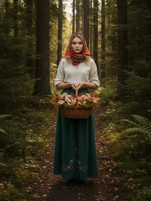 Девушка с корзиной в лесу