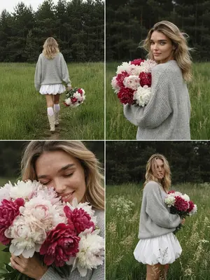 Создание реалистичного коллажа из четырех фотографий в стиле жизни и моды. Использована камера Canon EOS R5 с объективом 85 мм, освещение - приглушенный свет дня, небольшое недосветление, съемка в формате RAW, сохранены натуральные оттенки, живая атмосфера без цифровой обработки. Кожа выглядит гладкой и сияющей, губы украшены легким сатиновым блеском, брови аккуратные, макияж выполнен в нюдовых тонах роскоши, сохранена естественная текстура кожи без ретуширования.