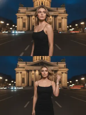 Фотография, сделанная на смартфон, представляет собой вертикальный коллаж из двух размытых ночных кадров, разделенных горизонтальной линией. На обоих фрагментах изображения можно увидеть фигуру человека, стоящего на проезжей части напротив величественного собора с колоннами. Съемка выполнена с уровня груди с легким нижним ракурсом. Архитектурные детали подсвечены теплыми уличными фонарями, а небо окрашено в глубокий синий оттенок. Вдали виднеются синие и желтые огни города, а следы машин и фары размыты на заднем плане.