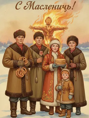 Создай винтажную открытку в стиле советских сказочных иллюстраций 50-70-х годов: мягкие краски, уютное ощущение, нежная детализация, теплое зерно.
На фоне горит большой костер с Масленицей, в окружении зимней природы и золотого света.
Персонаж в традиционной славянской зимней одежде: шапка, полушубок, платок, варежки, держит в руках сахарного петушка на палочке, крендель и тарелку с блинами.
Изображение выполнено в высоком качестве 8K, с надписью "С Масленицей!" в стиле рукописного, сказочного шрифта, характерного для советских открыток.