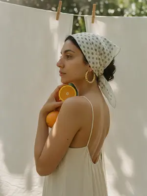 A woman stands outdoors, her profile captured in a shoulder-up portrait. White linen sheets flutter on a clothesline behind her, secured by wooden clothespins. She dons a delicate summer dress with slender straps and an alluring open back that bares her shoulders. Her head is adorned with a white scarf featuring a small repeated black circular pattern, tied at the nape. Large textured gold hoops sway from her ears.

In a graceful pose, she tilts her chin slightly upwards, cradling a half of an orange near her face. Two whole oranges rest against her shoulder and chest, adding a touch of whimsy to the scene. The natural sunlight filters through the canopy of leaves, casting soft, dappled shadows on her skin and the fabric of her dress.

The ambiance is imbued with a warm, vintage charm, reminiscent of analog film aesthetics. The color grading enhances the image with slightly muted greens and rich citrus orange tones. Subtle film grain adds texture, while gentle softness and highlight bloom lend a dreamy quality. The shallow depth of field creates a cinematic feel, evoking a sense of lifestyle photography.