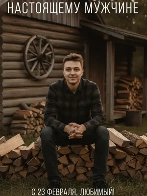 На улице, в тусклом сумеречном свете, стоит человек. Его лицо освещено легкими лучами, создающими атмосферу тепла и загадочности. В фоне видна старая бревенчатая стена дома, рядом с ней ухоженная стопка дров и деревянное колесо от телеги, медленно кружащееся на ветру.