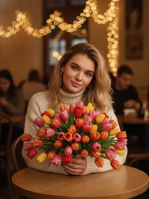 Уютное кафе с тюльпанами