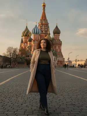 Сделайте стильное фото на фоне Собора Василия Блаженного, находясь на Красной площади. Погружайтесь в атмосферу с мягким солнечным светом, который освещает вашу фигуру, а легкий ветерок играет с вашими волосами. Выберите наряд - например, элегантный бежевый тренч или другой стильный вариант. При загрузке изображения можно указать свои параметры: рост, тип фигуры и оттенок волос, чтобы создать идеальный образ для кадра.