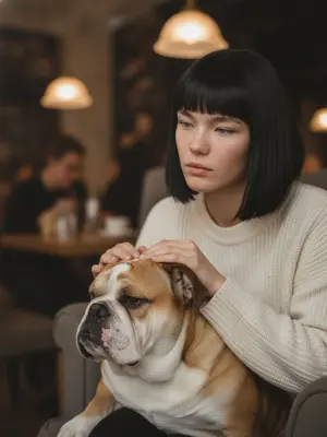 Задумчивая женщина с бульдогом